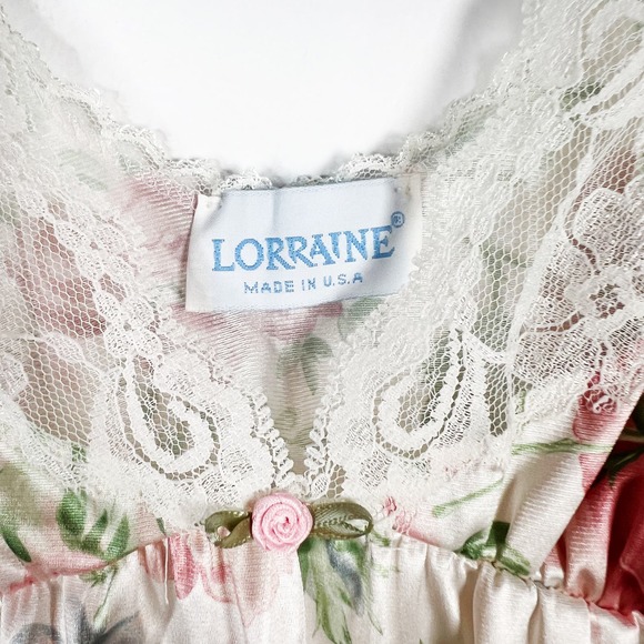 Vintage Lorraine floral satin long nightgown deep neckline lace trim Size small - Picture 4 of 9